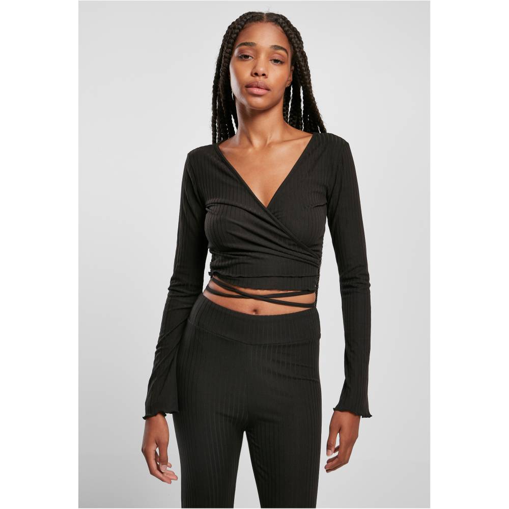 Urban Classics - Cropped Rib Wrapped Lange ärmel top - Schwarz